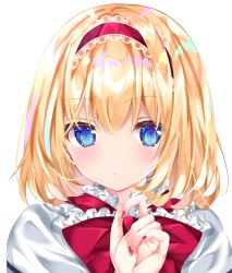 Rule 34 | 1girl, alice margatroid, blonde hair, blue eyes, capelet, closed mouth, hairband, lolita hairband, looking at viewer, nail polish, nanase nao, red hairband, red nails, short hair, simple background, solo, touhou, upper body, white background, white capelet