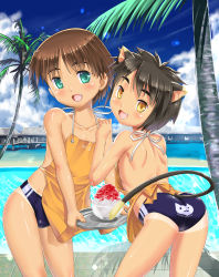 Rule 34 | 2boys, :3, :d, animal ears, apron, ass, blue male swimwear, blue one-piece swimsuit, blue swim briefs, bowl, bulge, cat boy, cat ears, cat tail, child, clothes writing, collarbone, day, fang, food, holding, looking at viewer, looking back, male focus, male swimwear, multiple boys, nipples, one-piece swimsuit, open mouth, original, outdoors, palm tree, pool, poolside, print male swimwear, print swimsuit, shaved ice, shiny skin, short hair, sky, smile, spoon, standing, swim briefs, swimsuit, tail, takase yuu, tan, tanline, tray, tree, water