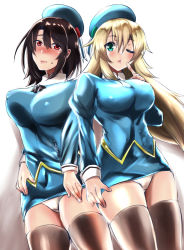 Rule 34 | 1990s (style), 2girls, agent aika, aika (series), alternate costume, ascot, atago (kancolle), beret, black ascot, black hair, black legwear, blonde hair, blue delmo, blue hat, blue jacket, blue skirt, blush, breasts, cameltoe, covered erect nipples, crossover, crotch, curvy, delmo, dress, eureka (eureka-0075), female focus, green eyes, hat, jacket, juliet sleeves, kantai collection, large breasts, long hair, long sleeves, looking at viewer, multiple girls, one eye closed, open mouth, panties, pantyshot, partially visible vulva, pencil skirt, puffy sleeves, red eyes, retro artstyle, short hair, simple background, skin tight, skirt, standing, takao (kancolle), thighhighs, thighs, underwear, upskirt, white background, white panties