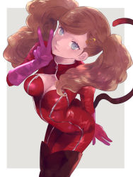 Rule 34 | 10s, 1girl, blonde hair, bodysuit, breasts, cleavage, gloves, persona, persona 5, solo, tail, takamaki anne, thighhighs, twintails