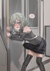 Rule 34 | 1girl, bag, bare shoulders, black skirt, black sweater, black thighhighs, blush, breasts, breath, bulge, clothing cutout, door, embarrassed, erection, erection under clothes, flying sweatdrops, futanari, green hair, half-closed eyes, hands up, highres, indoors, leaning forward, long sleeves, looking at viewer, medium breasts, miniskirt, nose blush, open mouth, original, pee, peeing, peeing self, plaid, plaid skirt, pleated skirt, public indecency, purple eyes, rune (dualhart), shiny skin, short hair, shoulder bag, shoulder cutout, sidelocks, skindentation, skirt, solo, speech bubble, spoken blush, standing, sweat, sweater, thighhighs, train interior, trembling, verdell (rune (dualhart)), wavy mouth, window, zettai ryouiki