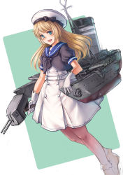 Rule 34 | 1girl, bad id, bad pixiv id, blonde hair, blue eyes, blue sailor collar, dress, dutch angle, full body, gloves, hat, highres, jervis (kancolle), kantai collection, kosai takayuki, long hair, looking at viewer, machinery, open mouth, sailor collar, sailor dress, short sleeves, smile, solo, two-tone background, white dress, white gloves, white hat