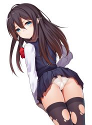 Rule 34 | 1girl, bad id, bad twitter id, black hair, blue eyes, blush, hair ornament, long hair, original, panties, ray-akila, ray littlechamber, simple background, skirt, solo, thighhighs, torn clothes, torn thighhighs, underwear