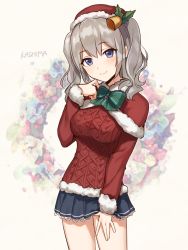 Rule 34 | 10s, 1girl, alternate costume, aran sweater, bad id, bad twitter id, blue eyes, breasts, cable knit, capelet, christmas, female focus, kantai collection, kashima (kancolle), large breasts, long hair, miniskirt, santa costume, silver hair, skirt, solo, sweater, tomari (veryberry00)