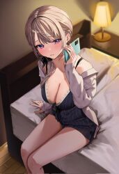 Rule 34 | 1girl, bed, blue eyes, blush, breasts, cellphone, chigusa minori, cleavage, collarbone, commentary request, corrupted twitter file, feet out of frame, highres, holding, holding phone, indoors, lamp, large breasts, long hair, long sleeves, on bed, parted lips, phone, saotome shino (shino to ren), shino to ren, sitting, smartphone, solo, thighs