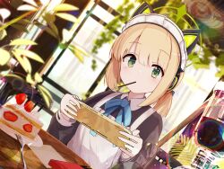 Rule 34 | 1girl, apron, black dress, blonde hair, blue archive, blush, cake, cake slice, chamoraile, dress, food, fork, green eyes, green halo, halo, handheld game console, highres, holding, holding handheld game console, indoors, long sleeves, looking at viewer, maid, maid headdress, midori (blue archive), midori (maid) (blue archive), official alternate costume, pocky, short hair, solo, white apron