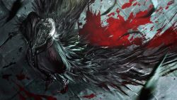 Rule 34 | 1boy, black cloak, black coat, black feathers, blood, blood splatter, bloodborne, blood on clothes, bloody crow of cainhurst, chikage (bloodborne), cloak, coat, falling feathers, feathers, from above, full body, gauntlets, highres, holding, holding sword, holding weapon, male focus, mask, mrpk, silver hair, solo, standing, sword, weapon