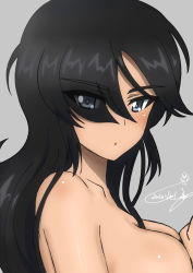Rule 34 | 1girl, artist name, black eyes, black hair, breasts, bukkuri, closed mouth, dark-skinned female, dark skin, dated, eyes visible through hair, from side, girls und panzer, grey background, hair over one eye, highres, light frown, long hair, looking at viewer, medium breasts, nude, ogin (girls und panzer), ponytail, portrait, signature, simple background, solo