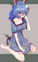 Rule 34 | 1girl, animal ears, asuzemu, barefoot, between legs, blue dress, blue hair, blush, breasts, cleavage, closed mouth, crescent, crossed bandaids, dress, full body, hair between eyes, hand between legs, hand up, long hair, looking at viewer, medium breasts, multicolored background, rabbit ears, red eyes, seiran (touhou), short sleeves, sitting, soles, solo, star (symbol), star print, tears, torn clothes, torn dress, touhou, two-tone background, wariza