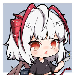 Rule 34 | 1girl, ahoge, arknights, black shirt, blush, chibi, chinese commentary, commentary, demon girl, demon horns, demon tail, firewood, holding, holding knife, horns, knife, looking at viewer, official alternate costume, open mouth, red eyes, scar, scar on arm, shirt, short hair, solo, sparkle, tail, upper body, w (arknights), w (fugue) (arknights), white hair, wo bushi zhang xiaojing
