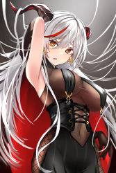 Rule 34 | 1girl, aegir (azur lane), arm behind head, azur lane, bare shoulders, black background, black gloves, bodystocking, breast curtains, breasts, clothing cutout, cross, cross-laced clothes, cross earrings, demon horns, earrings, gloves, hair on horn, highres, honyara-san, horns, iron cross, jewelry, large breasts, looking at viewer, multicolored hair, navel cutout, red hair, see-through, simple background, skin tight, solo, streaked hair, underbust, white hair, yellow eyes