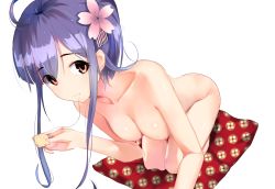 Rule 34 | 10s, 1girl, ahoge, blue hair, breasts, collarbone, eating, flower, gin00, hair flower, hair ornament, kantai collection, kneeling, leaning forward, long hair, looking at viewer, medium breasts, nipples, nude, red eyes, solo, taigei (kancolle), transparent background, white background