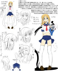 Rule 34 | 1girl, blonde hair, blue eyes, character sheet, closed eyes, hands in pockets, kikunosukemaru, necktie, open mouth, partially colored, pixiv shadow, pixiv shadow 3, ponytail, school uniform, serafuku, shadow, skirt, smile, thighhighs, translation request