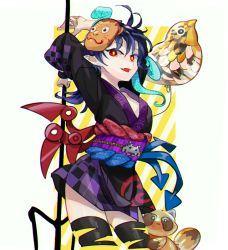 Rule 34 | 1girl, alternate costume, arms behind head, asymmetrical wings, balloon, black kimono, black sleeves, black thighhighs, blue hair, chamaruk, checkered clothes, checkered kimono, dark blue hair, fang, holding, holding polearm, holding weapon, houjuu nue, japanese clothes, kimono, long sleeves, looking at viewer, mask, monkey mask, obi, open mouth, polearm, raccoon, red eyes, sash, short hair, simple background, snake, solo, thighhighs, touhou, trident, weapon, wide sleeves, wings