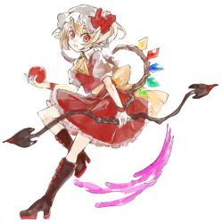 Rule 34 | 1girl, armband, ascot, back bow, black footwear, blonde hair, blood, bloody weapon, boots, bow, commentary request, cross-laced footwear, crystal, fang, flandre scarlet, frilled skirt, frilled sleeves, frills, hat, hat ribbon, konabetate, lace-up boots, laevatein (touhou), looking at viewer, mob cap, one side up, puffy short sleeves, puffy sleeves, red bow, red eyes, red ribbon, red skirt, red vest, ribbon, shirt, short hair, short sleeves, simple background, skirt, solo, touhou, vest, weapon, white background, white hat, white shirt, wings, yellow ascot, yellow bow