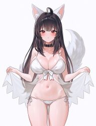 Rule 34 | 1girl, ahoge, animal ears, bare arms, bare shoulders, bikini, black choker, black hair, breasts, choker, cleavage, commission, cowboy shot, fox ears, fox girl, fox tail, front-tie bikini top, front-tie top, fymrie, gluteal fold, highres, korean commentary, large breasts, lifting own clothes, navel, original, parted lips, red eyes, see-through, side-tie bikini bottom, simple background, skindentation, solo, spaghetti strap, standing, stomach, string bikini, swimsuit, tail, tail raised, thighs, white background, white bikini