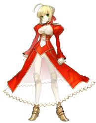 Rule 34 | 00s, 10s, 1girl, ahoge, armor, blonde hair, breasts, cleavage, dress, epaulettes, fate/extra, fate/stay night, fate (series), full body, gold trim, green eyes, hair bun, hair intakes, hair ribbon, large breasts, nero claudius (fate), nero claudius (fate) (all), nero claudius (fate/extra), official art, panties, ribbon, see-through, short hair, single hair bun, solo, standing, transparent background, underwear, wada arco, white panties
