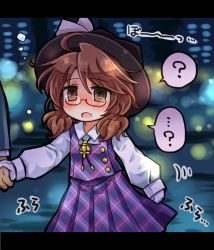 Rule 34 | 1girl, ?, ahoge, blush, brown eyes, brown hair, bubble, city lights, collared shirt, commentary request, dress, glasses, gloves, holding hands, hat, hat ribbon, jewelry, long sleeves, necklace, night, open mouth, plaid, plaid dress, pote (ptkan), purple dress, red-framed eyewear, ribbon, semi-rimless eyewear, shirt, short hair, solo focus, spoken question mark, touhou, usami sumireko, white gloves, white ribbon, white shirt
