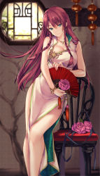 Rule 34 | 1girl, alternate costume, bare shoulders, blue eyes, bracelet, braid, breasts, chair, china dress, chinese clothes, collarbone, commentary request, dress, earrings, flower, folding fan, hand fan, head tilt, highres, hong meiling, hoop earrings, indoors, jewelry, large breasts, legs, long hair, looking at viewer, monety, nail polish, necklace, pelvic curtain, pink nails, red hair, sleeveless, sleeveless dress, smile, solo, tassel, touhou, twin braids, very long hair, white dress, window
