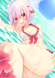 Rule 34 | 1girl, absurdres, ahoge, asa no ha (awayuki), blush, breasts, cyclamen (flower knight girl), flower knight girl, highres, hip focus, legs, looking at viewer, open mouth, pink hair, short hair, small breasts, solo, swimsuit