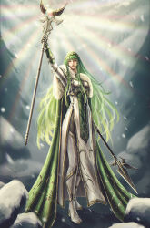 Rule 34 | 1girl, absurdres, arm up, boots, cloak, commission, commissioner upload, erinys (fire emblem), fire, fire emblem, fire emblem: genealogy of the holy war, forest, green hair, halberd, highres, holding, holding weapon, icezimy, long hair, nature, nintendo, non-web source, polearm, snow, snowing, staff, thigh boots, thighhighs, very long hair, weapon