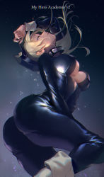Rule 34 | 10s, 1girl, ass, black bodysuit, blonde hair, bodysuit, boku no hero academia, boots, breasts, choker, chromatic aberration, copyright name, from side, half-closed eyes, hat, large breasts, long hair, looking at viewer, mebaru, no bra, parted lips, peaked cap, solo, text focus, underboob, utsushimi kemii