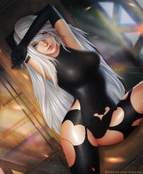 Rule 34 | 1girl, android, arms up, black gloves, black thighhighs, blue eyes, breasts, elbow gloves, gloves, hair between eyes, joints, long hair, looking at viewer, medium breasts, mole, mole under mouth, nier (series), nier:automata, robot joints, silver hair, sleeveless, solo, tank top, thighhighs, veralde, watermark, web address, a2 (nier:automata)