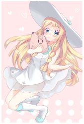 Rule 34 | 1girl, bare arms, blonde hair, blue footwear, blue ribbon, blush, border, braid, character doll, clefairy, closed mouth, collared dress, commentary, creatures (company), doll, dress, game freak, gen 1 pokemon, green eyes, hand up, hat, hat ribbon, heart, holding, holding doll, kneehighs, lillie (pokemon), long hair, looking at viewer, nasakixoc, nintendo, pokemon, pokemon (creature), pokemon sm, ribbon, see-through, shoes, simple background, sleeveless, sleeveless dress, socks, sun hat, sundress, twin braids, white background, white border, white dress, white headwear, white socks