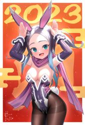 Rule 34 | 1girl, :d, arms up, arshem laia, bettle (b s a n), black hair, black pantyhose, blue eyes, blue hair, breasts, covered navel, dated, detached sleeves, gradient hair, highres, leotard, long hair, looking at viewer, medium breasts, megaton musashi, multicolored hair, open mouth, pantyhose, pink scarf, playboy bunny, rabbit pose, scarf, smile, solo, standing, thighband pantyhose