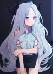 Rule 34 | 1girl, arm across waist, arm at side, bare shoulders, black skirt, blue archive, blush, breasts, collared shirt, commentary, eyes visible through hair, grey hair, hina (blue archive), horns, long hair, looking at viewer, miniskirt, multiple horns, parted bangs, purple eyes, shirt, sidelocks, skirt, sleeveless, sleeveless shirt, small breasts, solo, standing, syhan, very long hair, white shirt