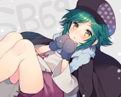 Rule 34 | 10s, 1boy, bad id, bad twitter id, blush, cabbie hat, copyright name, gloves, green hair, grey background, hand to own mouth, hat, male focus, mayachi (amuriya), show by rock!!, simple background, snowing, solo, tsugihagi (show by rock!!), yellow eyes