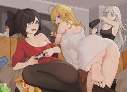 Rule 34 | ahoge, ass, bag of chips, barefoot, bent over, black hair, black pantyhose, black shirt, blake belladonna, blonde hair, blue eyes, book, breasts, cleavage, closed mouth, controller, couch, game controller, grey eyes, hair dryer, highres, holding, holding book, holding controller, holding game controller, holding hair dryer, indoors, large breasts, long hair, long sleeves, looking back, medium hair, off shoulder, one eye closed, open book, open mouth, pantyhose, pillow, playing games, purple eyes, reading, ruby rose, rwby, shirt, sitting, sleeveless, sleeveless shirt, standing, sweatdrop, tank top, teeth, tongue, undressing, wangxiii, weiss schnee, white hair, white shirt, yang xiao long