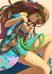 Rule 34 | 1girl, aqua kimono, bad id, bad pixiv id, bare legs, blunt ends, blush, breasts, brown hair, colored eyelashes, commentary request, covered erect nipples, facial mark, finger to mouth, floral print, forehead mark, green eyes, hands up, highres, index finger raised, japanese clothes, kimono, kushinada (p&amp;d), long hair, long sleeves, looking at viewer, nipples, obi, osobachan, parted bangs, print kimono, puzzle &amp; dragons, sash, smile, solo, underboob, very long hair, wide sleeves