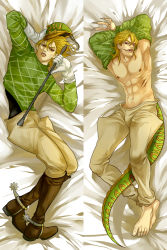 Rule 34 | 2boys, bad id, bad pixiv id, bandages, bandage on face, bandages, blonde hair, boots, claws, dakimakura (medium), diego brando, dual persona, gloves, green shirt, hat, highres, jojo no kimyou na bouken, kilva lollop, multiple boys, multiple views, scary monsters (stand), shirt, short hair, stand (jojo), steel ball run, sweater, tail, turtleneck