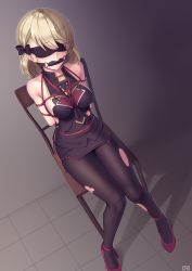 Rule 34 | 1girl, absurdres, alternate costume, arms behind back, azur lane, bdsm, between breasts, bit gag, black pantyhose, blindfold, blonde hair, blush, bondage, bound, bound arms, breasts, chair, commentary, commission, dutch angle, gag, gagged, highres, kaddo, knees together feet apart, medium breasts, medium hair, miniskirt, necktie, necktie between breasts, pantyhose, red footwear, red rope, restrained, rope, shadow, shibari, shibari over clothes, sideboob, sitting, skirt, solo, sweatdrop, tearing up, torn clothes, torn pantyhose, z23 (azur lane), z23 (philosophy sensei) (azur lane)