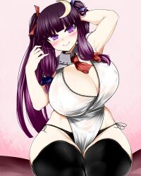 Rule 34 | 1girl, ascot, black panties, black thighhighs, blush, breasts, cleavage, closed mouth, commentary request, crescent, crescent hair ornament, curvy, hair ornament, haseru (ginku mh), huge breasts, long hair, looking at viewer, panties, patchouli knowledge, pink background, purple eyes, purple hair, red ascot, sitting, smile, solo, thighhighs, touhou, underwear