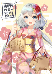 Rule 34 | 1girl, 2019, :d, absurdres, animal bag, bad id, bad pixiv id, bag, blue eyes, blush, chinese zodiac, commentary request, ema, floral print, flower, hair between eyes, hair flower, hair ornament, happy new year, highres, holding, holding bag, holding ema, holmemee, japanese clothes, kimono, konno junko, long hair, looking at viewer, low twintails, nengajou, new year, obi, open mouth, pink flower, pink kimono, print kimono, purple flower, red flower, revision, sash, silver hair, smile, solo, thick eyebrows, translated, twintails, very long hair, year of the pig, zombie land saga