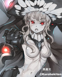 Rule 34 | 10s, 1girl, abyssal ship, black gloves, bodysuit, breasts, cape, covered navel, gloves, glowing, glowing eyes, hat, hekiten, kantai collection, large breasts, long hair, open mouth, pale skin, silver hair, skin tight, solo, staff, wo-class aircraft carrier