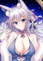 Rule 34 | 1girl, animal ear fluff, animal ears, azur lane, bare shoulders, blue collar, blue dress, breasts, cleavage, collar, dress, evening gown, feather boa, fox ears, halter dress, halterneck, highres, kitsune, large breasts, long hair, looking at viewer, official alternate costume, purple eyes, shinano (azur lane), shinano (dreams of the hazy moon) (azur lane), sleeveless, sleeveless dress, soda (sodachuxd), solo, white hair, wrist flower
