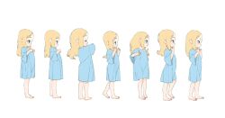 Rule 34 | 1girl, barefoot, blonde hair, blue dress, blue eyes, child, closed eyes, dress, forehead, from side, full body, hands on own chest, highres, long hair, multiple views, open mouth, original, own hands together, ryo chimo, simple background, smile, white background