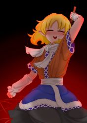 Rule 34 | 1girl, absurdres, arm warmers, blonde hair, blush, breasts, brown shirt, clenched hand, closed eyes, commentary request, cowboy shot, false smile, gradient background, highres, mallet, mizuhashi parsee, open mouth, pointy ears, red background, sash, scarf, shirt, short hair, short sleeves, small breasts, smile, solo, touhou, white sash, white scarf, yokozuna iwashi