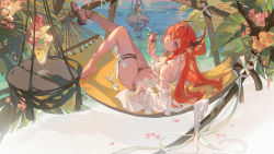 Rule 34 | 1girl, arknights, beach, bikini, black bikini, breasts, cleavage, closed mouth, drinking straw, hair ornament, hammock, highres, horns, long hair, looking at viewer, lying, medium breasts, ocean, on back, outdoors, parfait, purple eyes, red hair, sandals, smile, solo, sq (su qing), star (symbol), surtr (arknights), swimsuit, thigh strap
