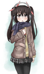 Rule 34 | 1girl, checkered clothes, checkered skirt, digital media player, headphones, jacket, media player interface, original, pantyhose, purple eyes, scarf, silent sakia, skirt, solo, twintails, winter clothes
