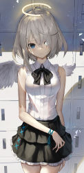 Rule 34 | 1girl, absurdres, ahoge, angel wings, asymmetrical hair, asymmetrical wings, bare arms, bare shoulders, black bow, black bowtie, black dress, blank eyes, blue eyes, blue ribbon, bow, bowtie, breasts, broken halo, closed mouth, collared shirt, commentary, cowboy shot, dated commentary, dress, empty eyes, english commentary, hair over one eye, halo, heterochromia, highres, layered skirt, locker, long hair, looking at viewer, medium breasts, original, ribbon, scottie (phantom2), shirt, skirt, sleeveless, sleeveless shirt, solo, standing, white hair, white shirt, wings, wrist ribbon