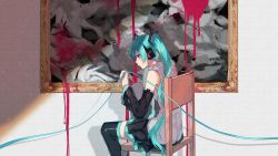 Rule 34 | 1girl, aqua hair, bad id, bad twitter id, bare shoulders, chair, danjou sora, detached sleeves, feet out of frame, from side, hair ornament, hatsune miku, headphones, highres, long hair, looking down, nail polish, painting (object), shadow, shirt, sitting, skirt, sleeveless, sleeveless shirt, thighhighs, thread, twintails, very long hair, vocaloid, zettai ryouiki