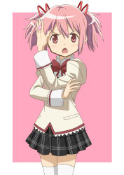 Rule 34 | 1girl, blush, bow, bowtie, crossed arms, highres, kaname madoka, kneehighs, looking at viewer, magia record: mahou shoujo madoka magica gaiden, mahou shoujo madoka magica, mitakihara school uniform, open mouth, outside border, over-kneehighs, pink eyes, pink hair, red bow, red bowtie, red ribbon, ribbon, riokasen, school uniform, short hair, short twintails, skirt, socks, solo, soul gem, spoilers, thighhighs, twintails, two-tone background