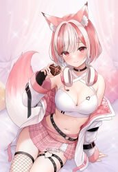 Rule 34 | 1girl, animal ear fluff, animal ears, belt, black gloves, blush, breasts, candy, chocolate, chocolate heart, cleavage, extra ears, fingerless gloves, fishnet thighhighs, fishnets, food, fox ears, fox girl, gloves, headphones, headphones around neck, heart, highres, indie virtual youtuber, jacket, kagura ura, kirifrog, large breasts, looking at viewer, multicolored hair, navel, off shoulder, open clothes, open jacket, pink hair, plaid, plaid skirt, pleated skirt, red eyes, short hair, single thighhigh, skirt, solo, thighhighs, two-tone hair, virtual youtuber
