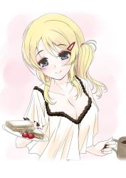 Rule 34 | 10s, 1girl, alternate hairstyle, ayase eli, blonde hair, blue eyes, blush, breasts, cleavage, cup, food, frapowa, hair ornament, hairclip, holding, holding plate, large breasts, love live!, love live! school idol project, mug, one side up, plate, sandwich, short sleeves, smile, solo, tomato, upper body