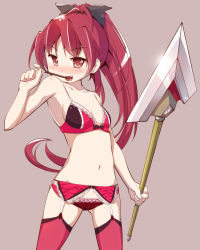 Rule 34 | 1girl, blush, bra, breasts, chauke, cleavage, collarbone, fang, female focus, food, garter belt, garter straps, hair ribbon, long hair, looking at viewer, mahou shoujo madoka magica, navel, open mouth, panties, pocky, polearm, ponytail, red bra, red eyes, red hair, red legwear, red panties, ribbon, sakura kyoko, simple background, solo, spear, underwear, weapon