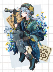 Rule 34 | 1boy, androgynous, bloomminority, blue background, blue eyes, blush, boots, fantasy, flower, full body, highres, long hair, long sleeves, low ponytail, male focus, multicolored background, one eye closed, open mouth, original, ponytail, solo, star (symbol), telescope, white background, white hair